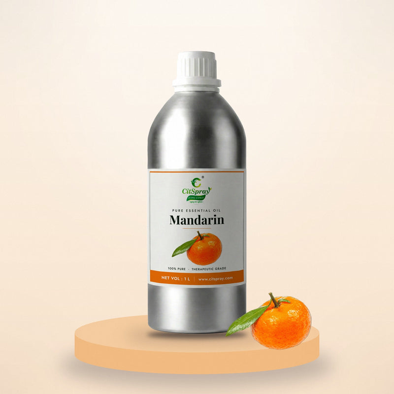 Mandarin essential oil by CitSpray in a 1 litre aluminium bottle with mandarin oranges
