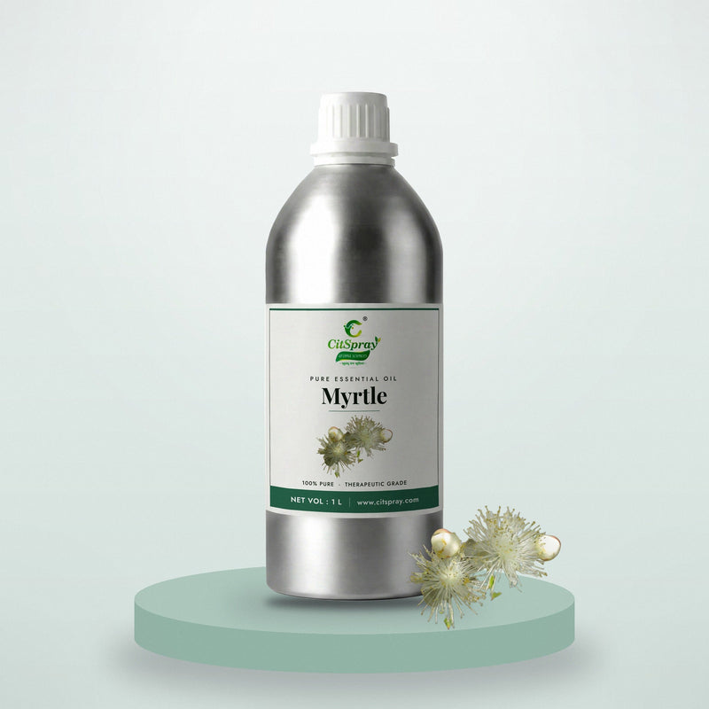 Myrtle essential oil by CitSpray in a 1 litre aluminium bottle with myrtle leaves