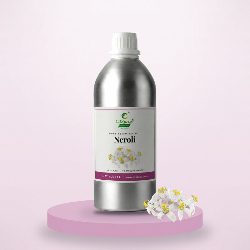 Neroli essential oil by CitSpray in a 1 litre aluminium bottle with orange blossoms