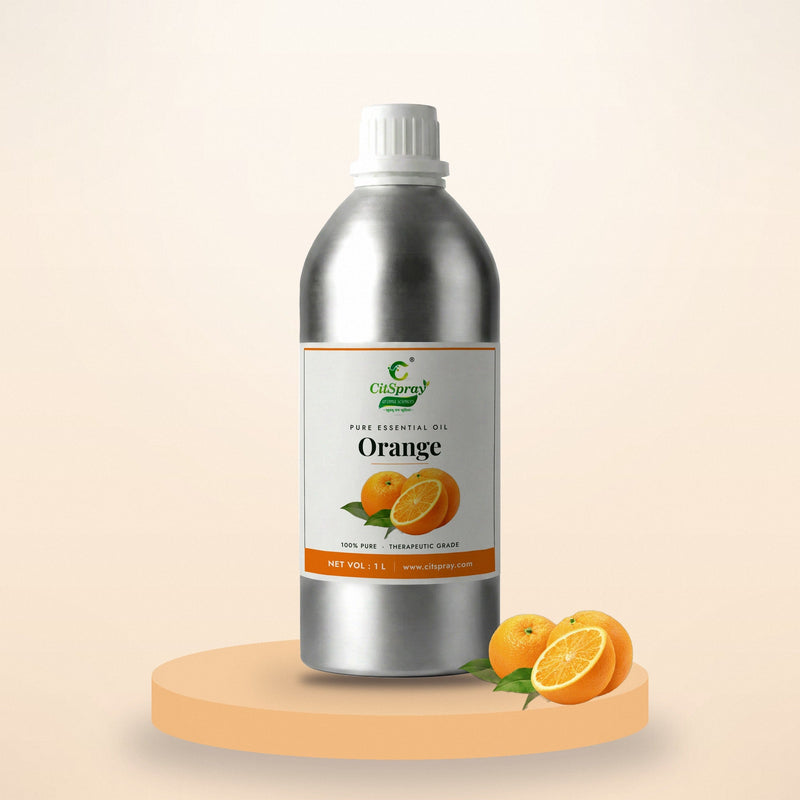 Orange essential oil by CitSpray in a 1 litre aluminium bottle with fresh oranges