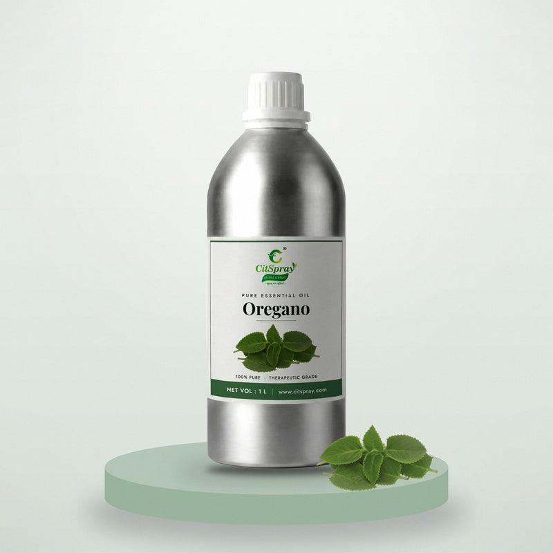 Oregano essential oil by CitSpray in a 1 litre aluminium bottle with oregano leaves