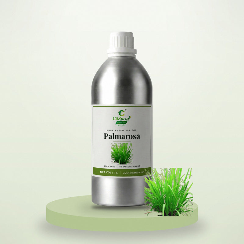 Palmarosa essential oil by CitSpray in a 1 litre aluminium bottle with palmarosa grass