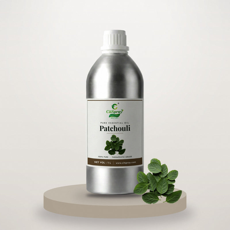 Patchouli essential oil by CitSpray in a 1 litre aluminium bottle with patchouli leaves