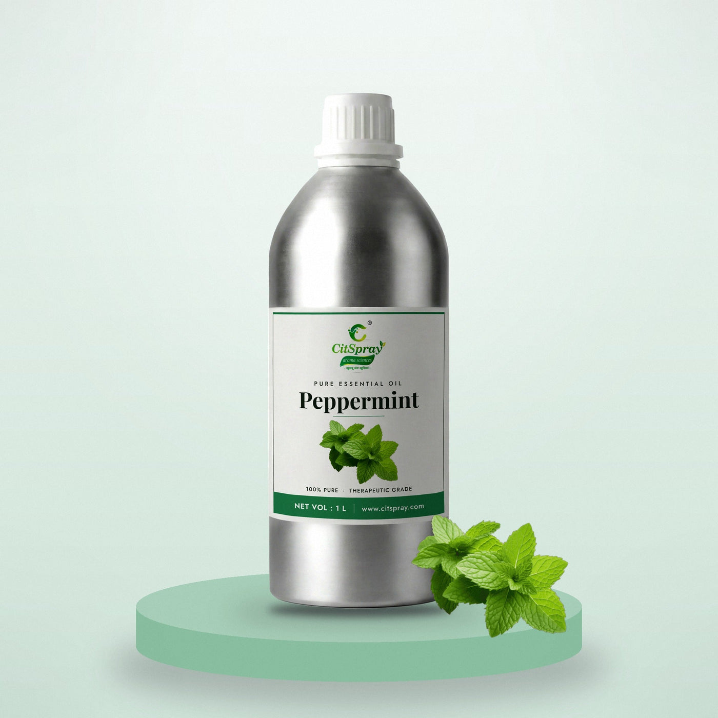 Peppermint essential oil by CitSpray in a 1 litre aluminium bottle with peppermint leaves