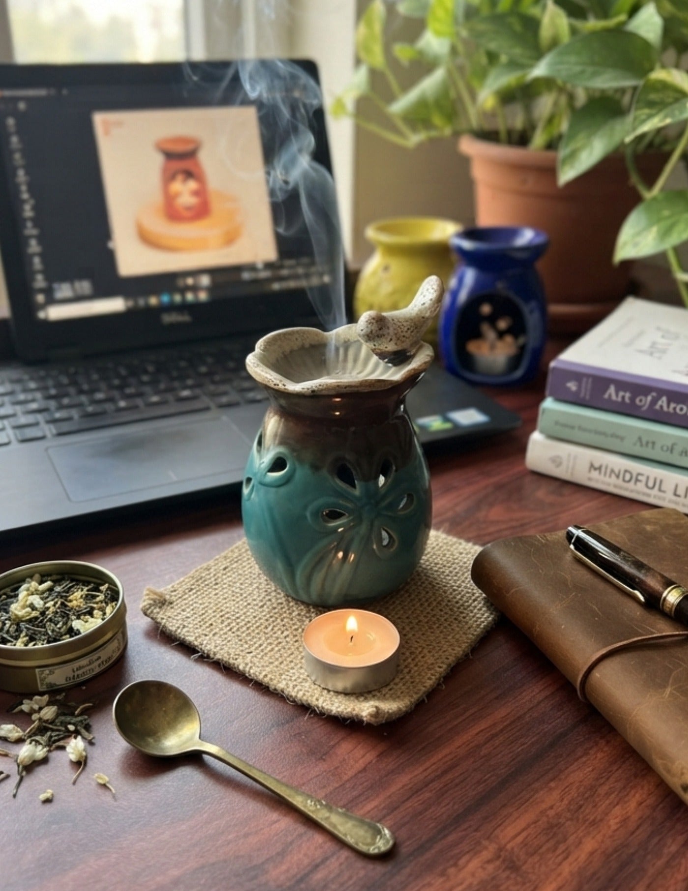 Perched Bird Ceramic Tealight Oil Diffuser - Peacock Teal (7x13cm) - CitSpray