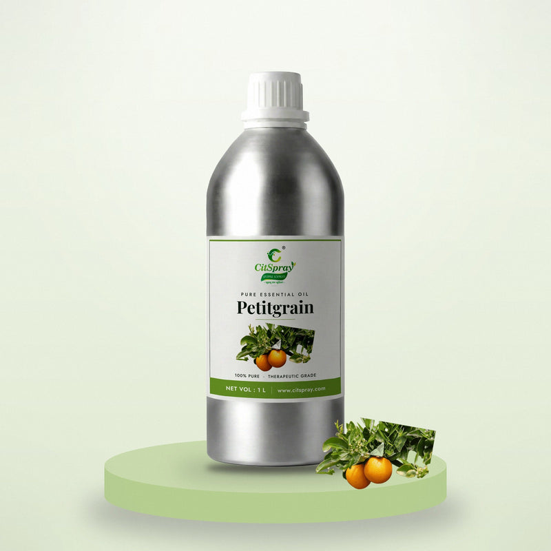 Petitgrain essential oil by CitSpray in a 1 litre aluminium bottle with bitter orange leaves