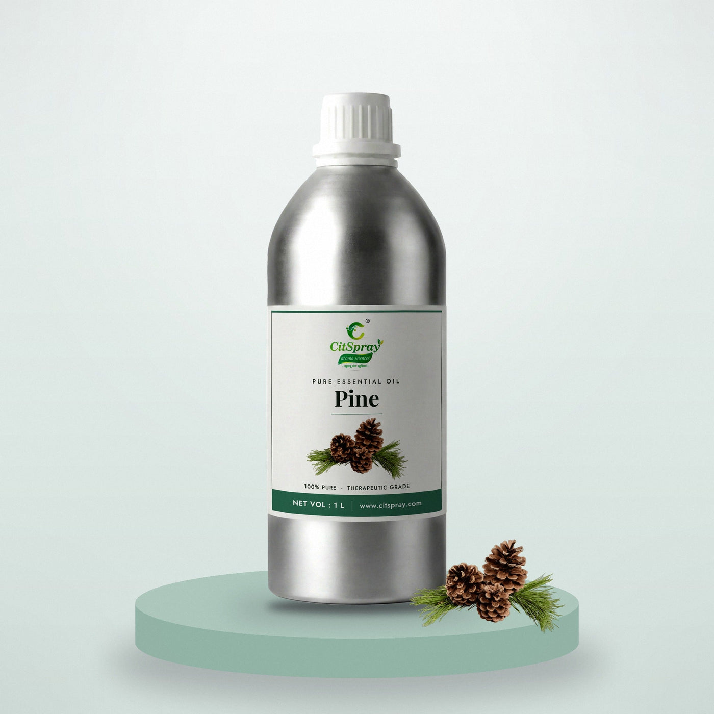 Pine essential oil by CitSpray in a 1 litre aluminium bottle with pine needles