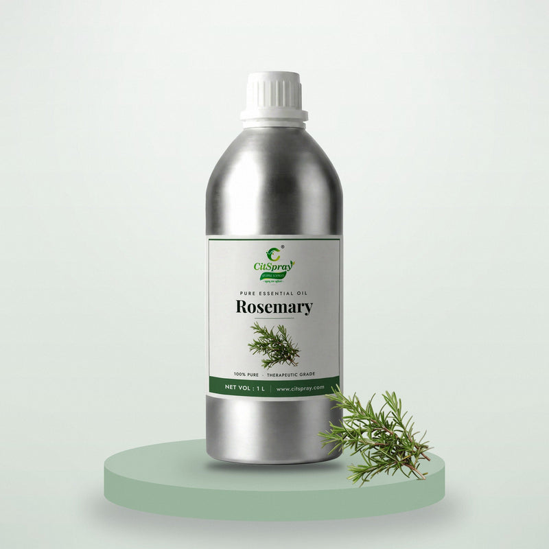 Rosemary essential oil by CitSpray in a 1 litre aluminium bottle with rosemary sprigs