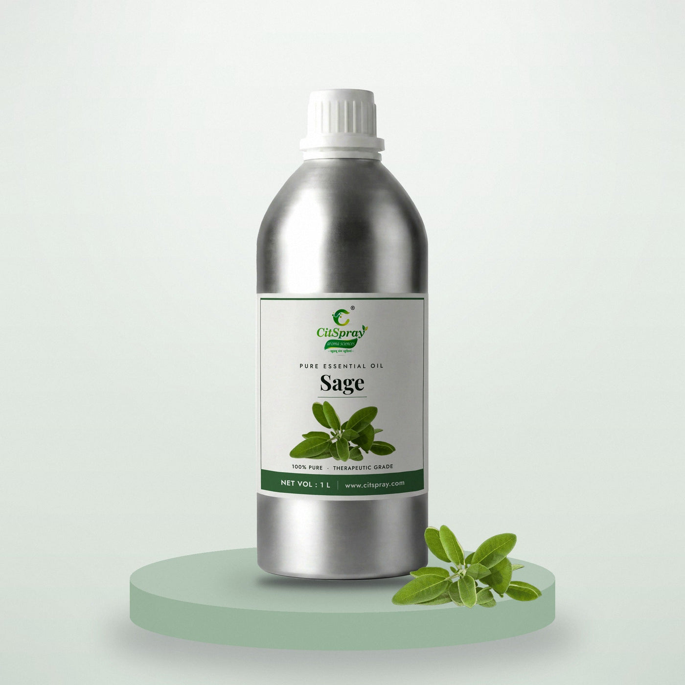 Sage essential oil by CitSpray in a 1 litre aluminium bottle with sage leaves