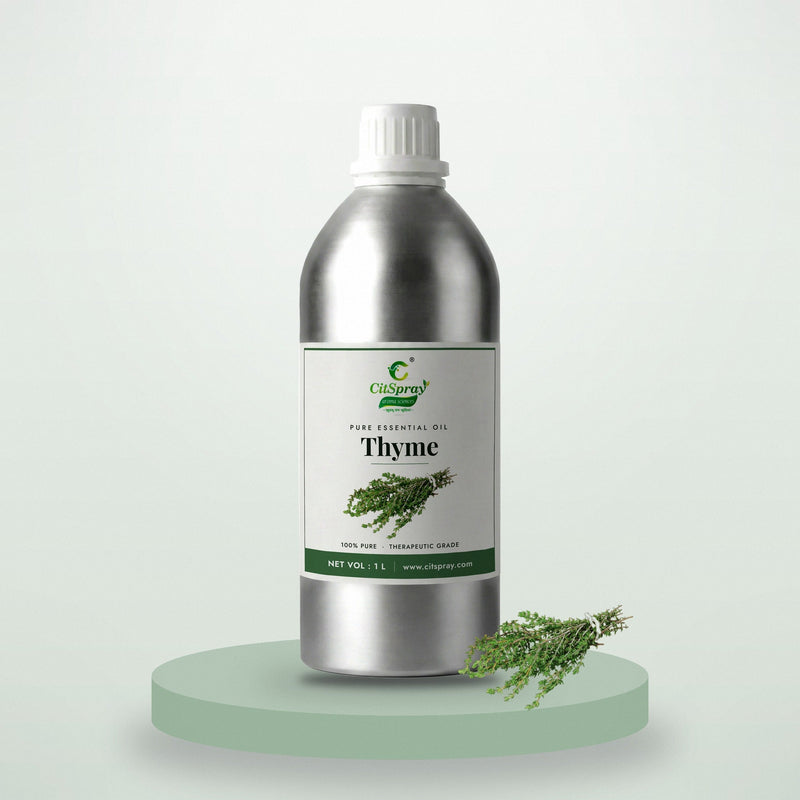 Thyme essential oil by CitSpray in a 1 litre aluminium bottle with thyme sprigs