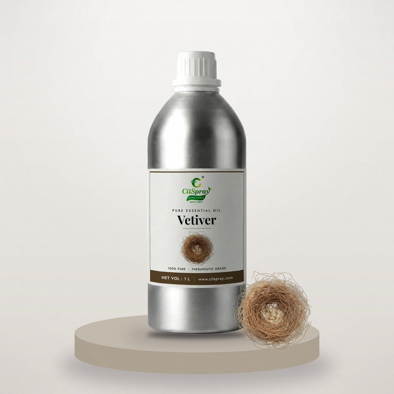 Vetiver essential oil by CitSpray in a 1 litre aluminium bottle with vetiver roots