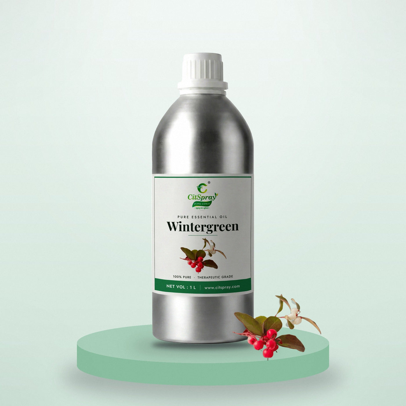 Wintergreen essential oil by CitSpray in a 1 litre aluminium bottle with wintergreen leaves