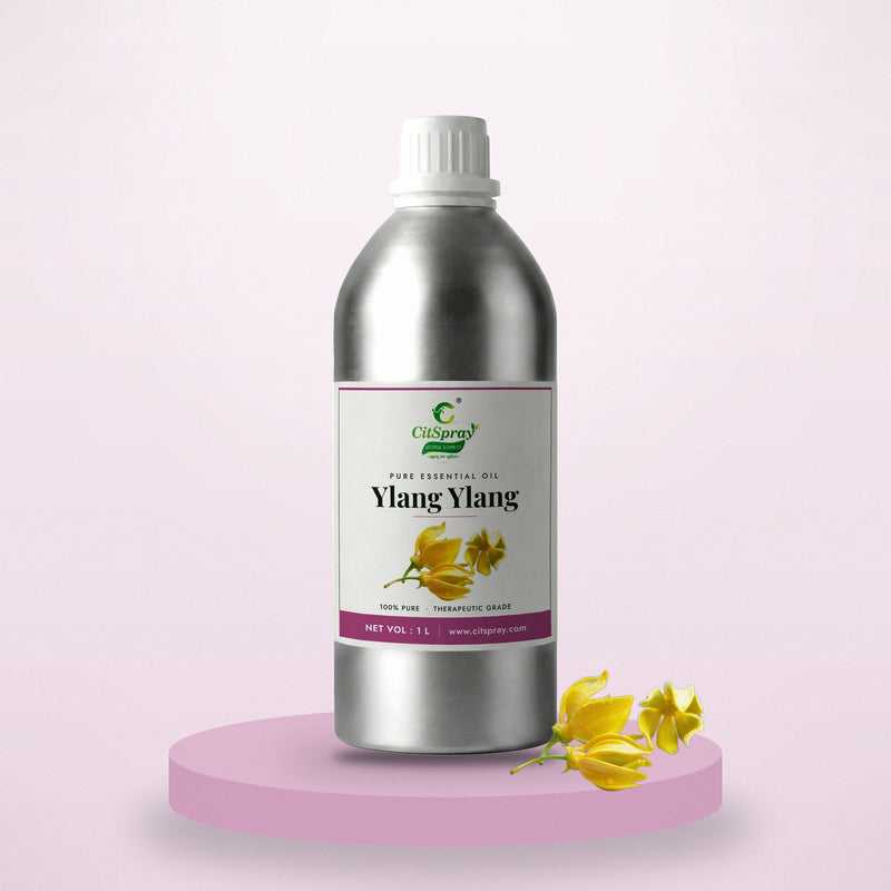 Ylang Ylang essential oil by CitSpray in a 1 litre aluminium bottle with ylang ylang blossoms