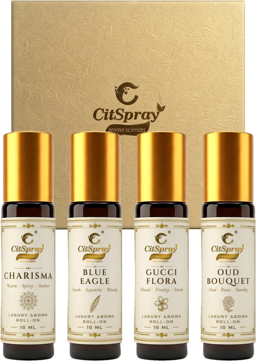 Luxury Aroma Roll-On Gift Set: embossed gift box with the four roll-ons, Charisma, Blue Eagle, Gucci Flora and Oud Bouquet